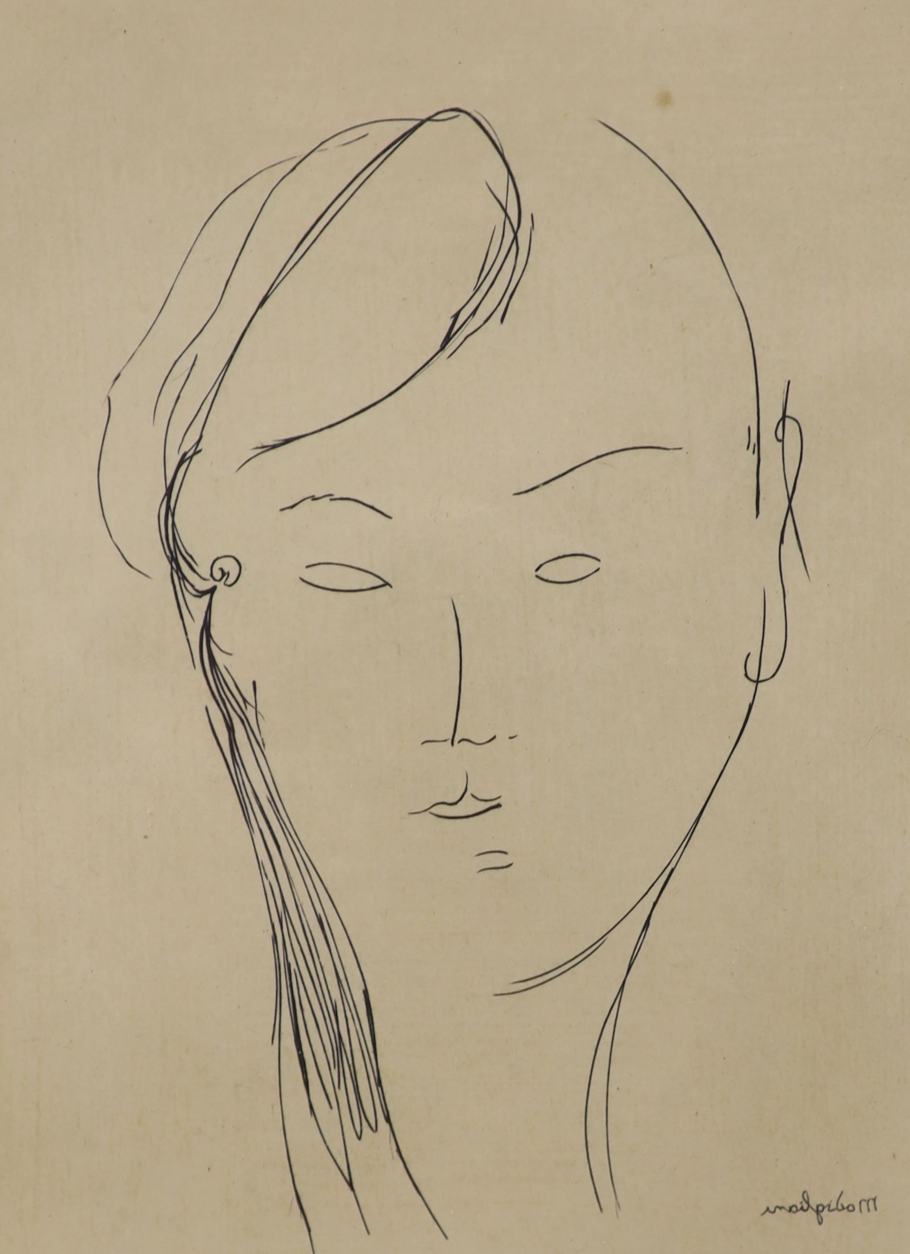 Modigliani, etching, Head study, signed in the plate, 15.5 x 12cm and an overpainted print after Jean Cocteau, Jeunes Comediens 37, bears signature, 24 x 19.5cm